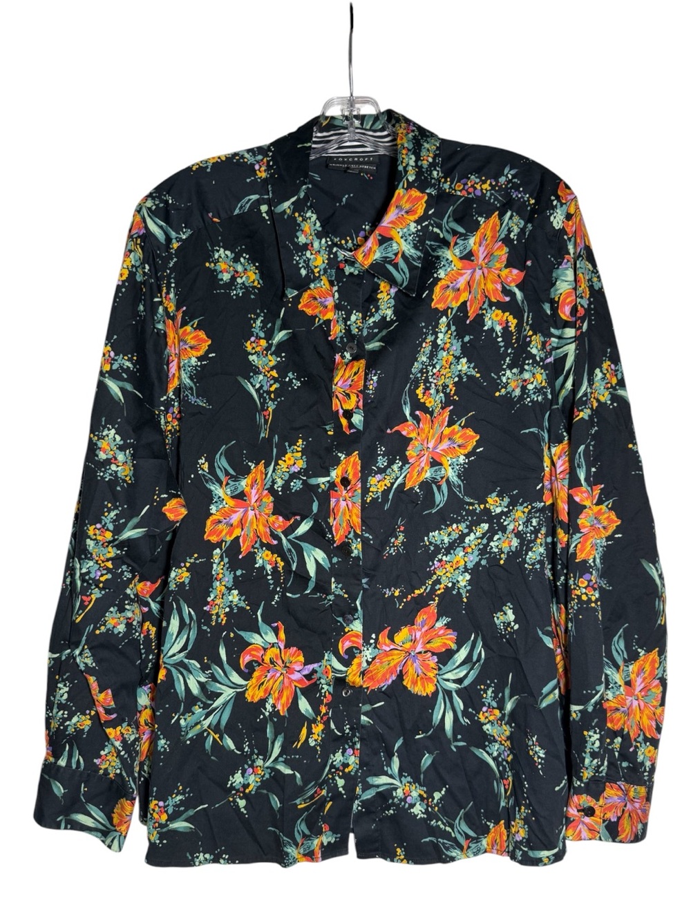 FOXCROFT Button Front Blouse Floral Pattern WRINKLE FREE Size 22W Shaped Fit